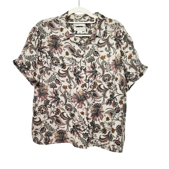 Rachel Zoe Cream Mauve Paisley 100% Linen Button Up Cuffed top Women's M - Picture 1 of 6